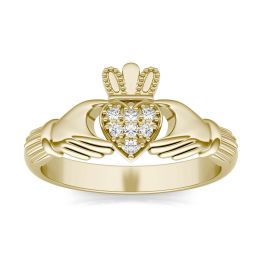 0.07 CTW DEW Round Forever One Moissanite Claddagh Ring 14K Yellow Gold