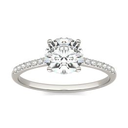 1.19 CTW DEW Round Forever One Moissanite Signature Side Stone Round Engagement Ring 14K White Gold, SIZE 6.5
