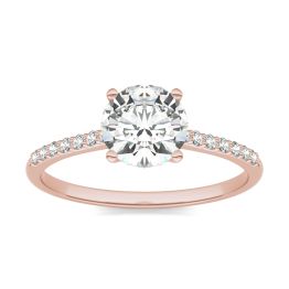 1.19 CTW DEW Round Forever One Moissanite Signature Side Stone Round Engagement Ring 14K Rose Gold