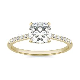 1.16 CTW DEW Cushion Forever One Moissanite Signature Cushion Side Stone Engagement Ring 14K Yellow Gold