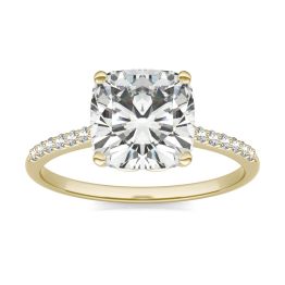 2.43 CTW DEW Cushion Forever One Moissanite Signature Cushion Side Stone Engagement Ring 14K Yellow Gold