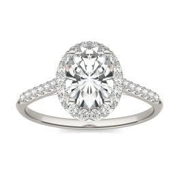 1.83 CTW DEW Oval Forever One Moissanite Signature Halo with Side Accents Engagement Ring 14K White Gold