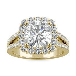 3.06 CTW DEW Cushion Forever One Moissanite Signature Halo Split Shank Engagement Ring 14K Yellow Gold