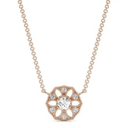 0.16 CTW DEW Round Forever One Moissanite Signature Filigree Necklace 14K Rose Gold