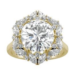 5.11 CTW DEW Round Forever One Moissanite Signature Halo Hearts & Arrows Statement Ring 14K Yellow Gold