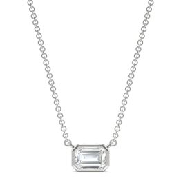 0.59 CTW DEW Emerald Forever One Moissanite Signature Bezel Necklace 14K White Gold
