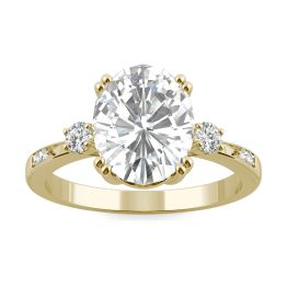 3.14 CTW DEW Oval Forever One Moissanite Solitaire with Side Accents Engagement Ring 14K Yellow Gold