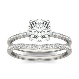 1.36 CTW DEW Round Forever One Moissanite Signature Bridal Set Round with Side Stones Ring 14K White Gold