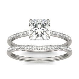 1.33 CTW DEW Cushion Forever One Moissanite Signature Bridal Set Cushion with Side Stones Ring 14K White Gold