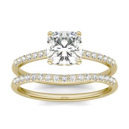 1.33 CTW DEW Cushion Forever One Moissanite Signature Bridal Set Cushion with Side Stones Ring 14K Yellow Gold