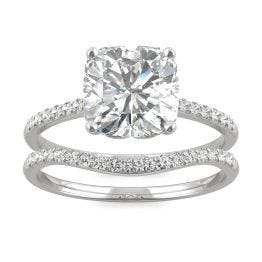 2.60 CTW DEW Cushion Forever One Moissanite Signature Bridal Set Cushion with Side Stones Ring 14K White Gold