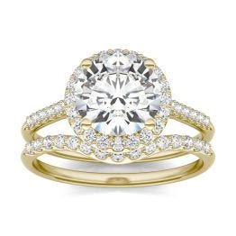 2.41 CTW DEW Round Forever One Moissanite Signature Halo Bridal Set Ring 14K Yellow Gold