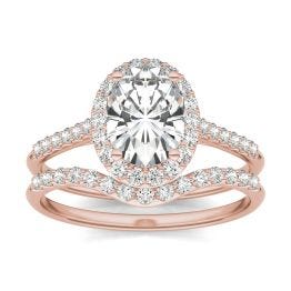 1.96 CTW DEW Oval Forever One Moissanite Signature Bridal Set with Side Stones Ring 14K Rose Gold