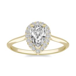 1.12 CTW DEW Pear Forever One Moissanite Signature Halo Engagement Ring 14K Yellow Gold