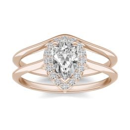 1.12 CTW DEW Pear Forever One Moissanite Signature Halo Bridal Set Ring 14K Rose Gold