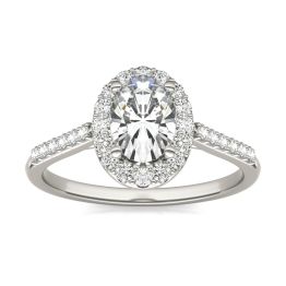 1.19 CTW DEW Oval Forever One Moissanite Signature Halo with Side Accents Engagement Ring 14K White Gold