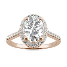 2.57 CTW DEW Oval Forever One Moissanite Signature Halo with Side Accents Engagement Ring 14K Rose Gold