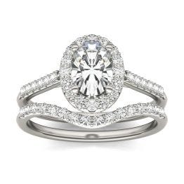 1.35 CTW DEW Oval Forever One Moissanite Signature Bridal Set with Side Stones Ring 14K White Gold
