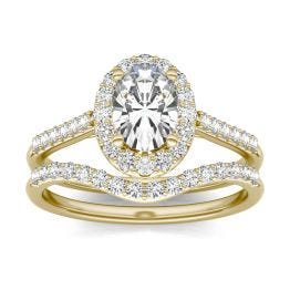 1.35 CTW DEW Oval Forever One Moissanite Signature Bridal Set with Side Stones Ring 14K Yellow Gold