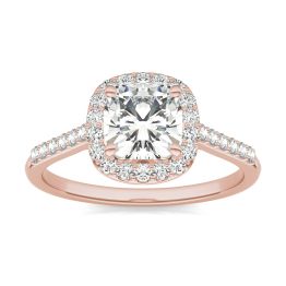 1.60 CTW DEW Cushion Forever One Moissanite Signature Halo with Side Stones Ring 14K Rose Gold
