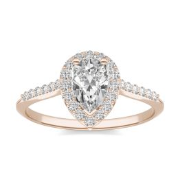 1.24 CTW DEW Pear Forever One Moissanite Signature Halo with Side Stones Engagement Ring 14K Rose Gold