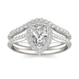 1.40 CTW DEW Pear Forever One Moissanite Signature Halo with Site Stones Bridal Set Ring 14K White Gold