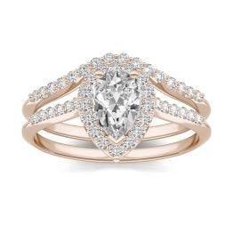 1.40 CTW DEW Pear Forever One Moissanite Signature Halo with Site Stones Bridal Set Ring 14K Rose Gold