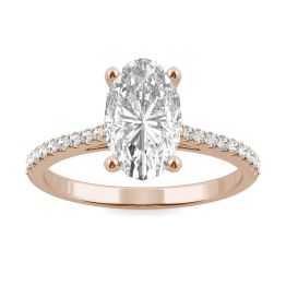 2.49 CTW DEW Elongated Oval Forever One Moissanite Side-Stone Engagement Ring 14K Rose Gold