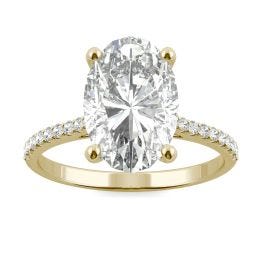 4.58 CTW DEW Elongated Oval Forever One Moissanite Side-Stone Engagement Ring 14K Yellow Gold