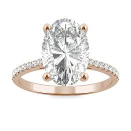 4.58 CTW DEW Elongated Oval Forever One Moissanite Side-Stone Engagement Ring 14K Rose Gold