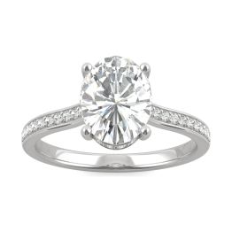 2.37 CTW DEW Oval Forever One Moissanite Hidden Halo with Side Accents Engagement Ring 14K White Gold