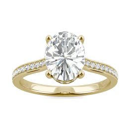 2.37 CTW DEW Oval Forever One Moissanite Hidden Halo with Side Accents Engagement Ring 14K Yellow Gold