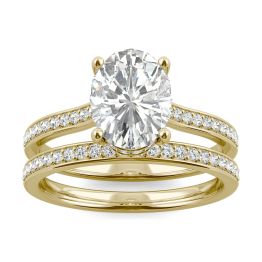2.55 CTW DEW Oval Forever One Moissanite Hidden Halo with Side Accents Bridal Set Ring 14K Yellow Gold