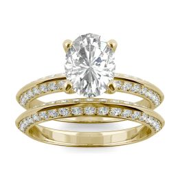 2.91 CTW DEW Oval Forever One Moissanite Knife Edge Accented Bridal Set Ring 14K Yellow Gold