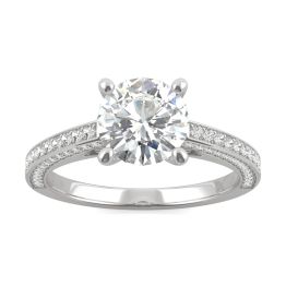 2.19 CTW DEW Round Forever One Moissanite Cathedral Three Side Accented Engagement Ring 14K White Gold