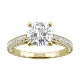 2.19 CTW DEW Round Forever One Moissanite Cathedral Three Side Accented Engagement Ring 14K Yellow Gold