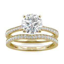 1.91 CTW DEW Round Forever One Moissanite Side-Stone Bridal Set with Hidden Halo Ring 14K Yellow Gold