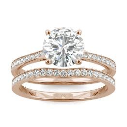 1.91 CTW DEW Round Forever One Moissanite Side-Stone Bridal Set with Hidden Halo Ring 14K Rose Gold