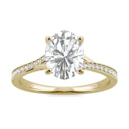 2.25 CTW DEW Oval Forever One Moissanite Side Stone Engagement Ring with Hidden Halo Ring 14K Yellow Gold, SIZE 7.0