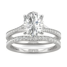 2.43 CTW DEW Oval Forever One Moissanite Side Stone with Hidden Halo Bridal Set Ring 14K White Gold, SIZE 7.0