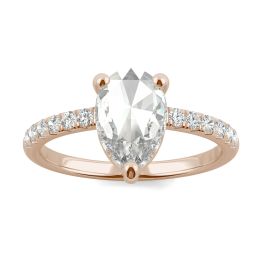 1.15 CTW DEW Pear Forever One Moissanite Engagement with Hidden Accents Ring 14K Rose Gold, SIZE 7.0