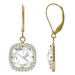 4.25 CTW DEW Cushion Forever One Moissanite Halo Drop Earrings 14K Yellow Gold