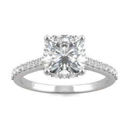 2.16 CTW DEW Cushion Forever One Moissanite Hidden Accents Engagement Ring 14K White Gold