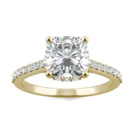 2.16 CTW DEW Cushion Forever One Moissanite Hidden Accents Engagement Ring 14K Yellow Gold
