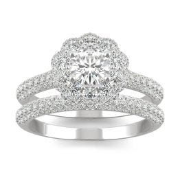 1.45 CTW DEW Round Forever One Moissanite Pave Double Halo Bridal Set Ring 14K White Gold