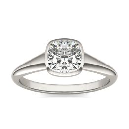 1 CTW Cushion Caydia Lab Grown Diamond Signature Tapered Bezel Solitaire Engagement Ring 18K White Gold, SIZE 7.0 Stone Color E