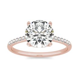 2 1/6 CTW Round Caydia Lab Grown Diamond Signature Side Stone Engagement Ring 18K Rose Gold, SIZE 7.0 Stone Color E