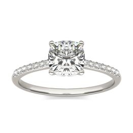1 1/6 CTW Cushion Caydia Lab Grown Diamond Signature Side Stone Engagement Ring Platinum, SIZE 7.0 Stone Color E