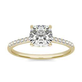 1 1/6 CTW Cushion Caydia Lab Grown Diamond Signature Side Stone Engagement Ring 18K Yellow Gold, SIZE 7.0 Stone Color E