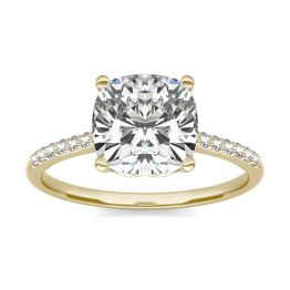 2 2/3 CTW Cushion Caydia Lab Grown Diamond Signature Side Stone Engagement Ring 18K Yellow Gold, SIZE 7.0 Stone Color E